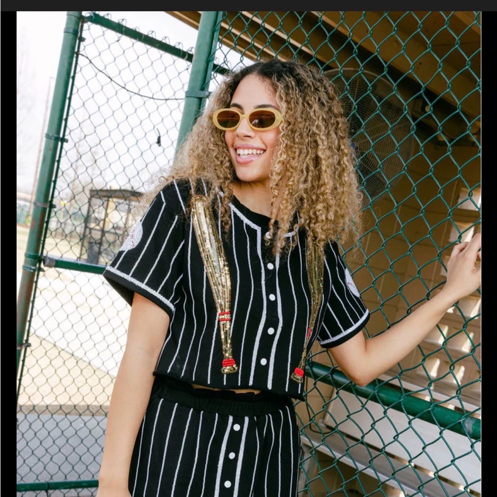QUEEN OF SPARKLES Black & White Striped Sequin-Embellished Cropped Top